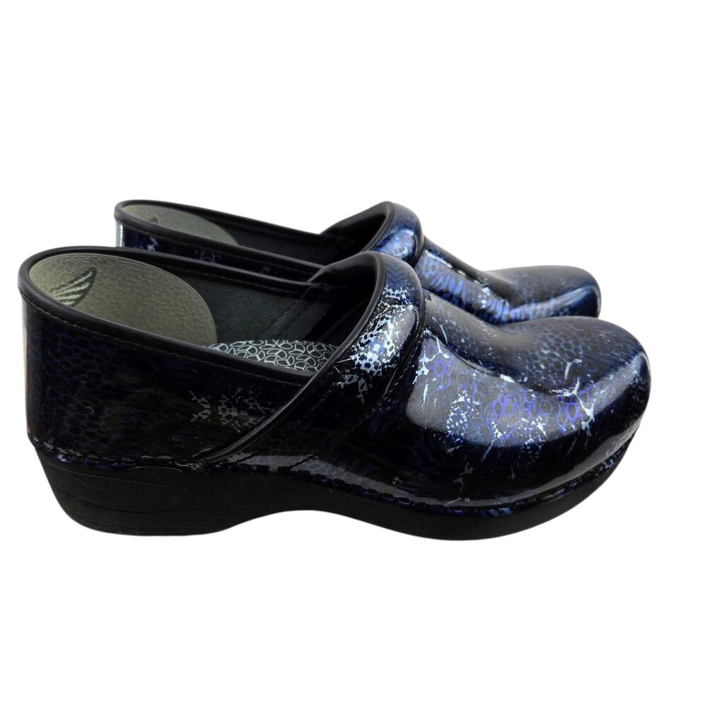 Dansko XP‎ 2.0 Clogs Womens 10.5 11 41 Patent Leather Blue Black Silver Pattern